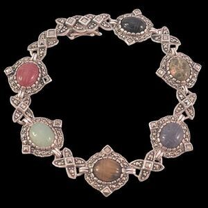 Sterling Multi Stone Cabochon Marcasite Link Bracelet